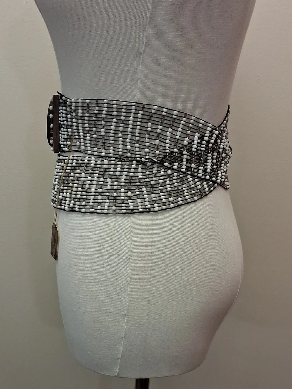 Beaded Elastic Wide Waist Belt Wood Buckle Gray White Y2K One Size
